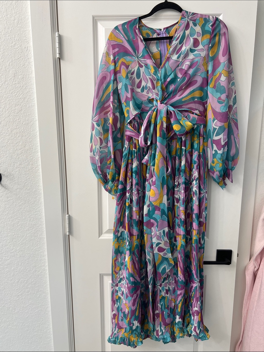 Handmade? Vintage 1970s maxi dress with tie front and pleated lettuce hem